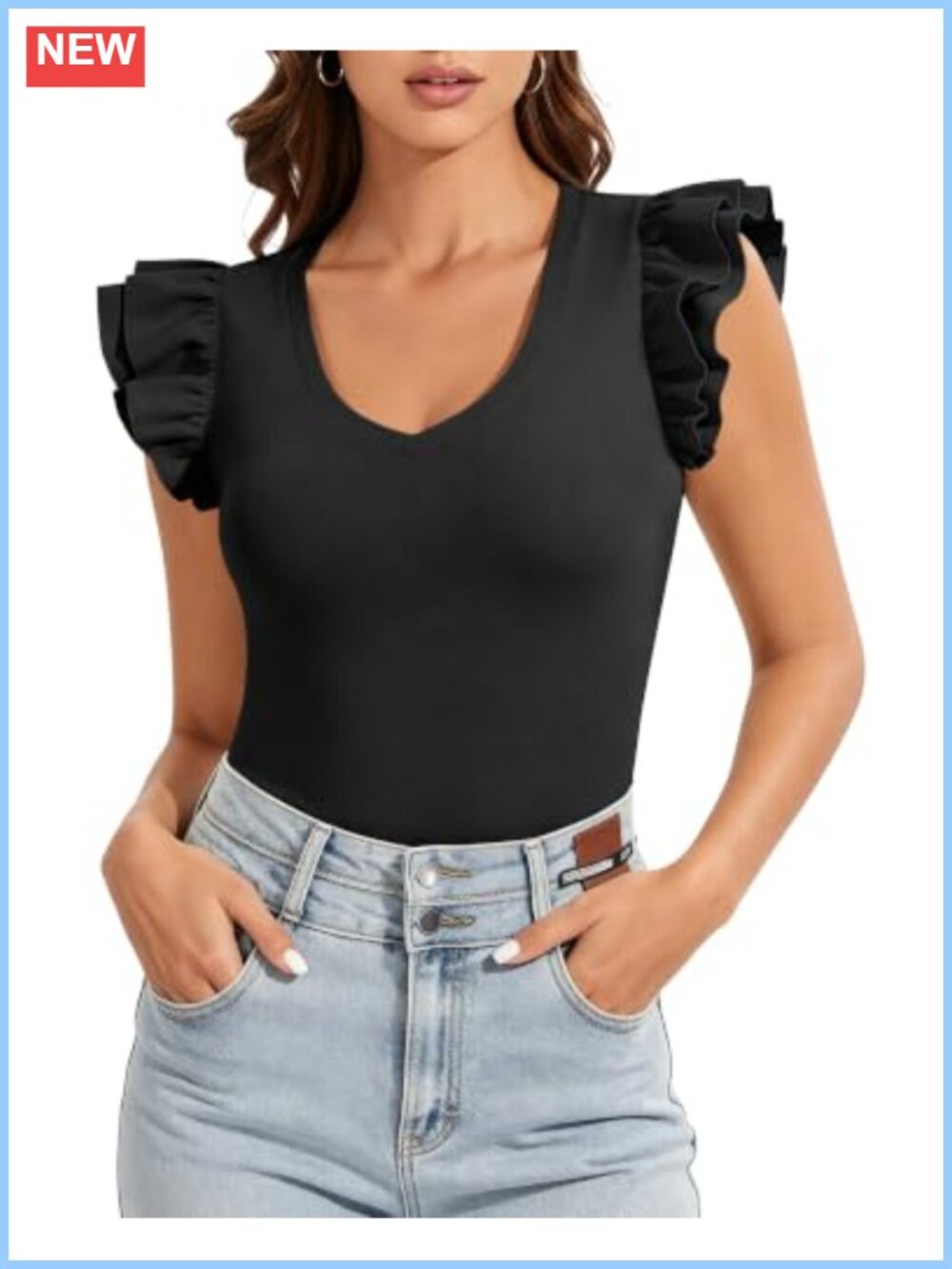 Women's V Neck Ruffle Cap Sleeve Slim Fit Blouse Casual Dressy Tank Top